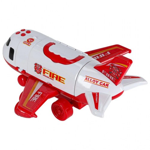 Legetøjsfly med brandvæsen – transporterfly + 3 biler og vejskilte