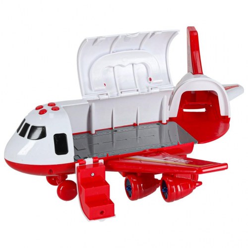Legetøjsfly med brandvæsen – transporterfly + 3 biler og vejskilte