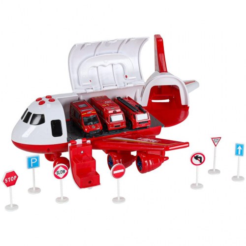 Legetøjsfly med brandvæsen – transporterfly + 3 biler og vejskilte