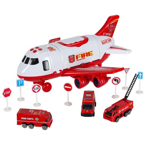 Legetøjsfly med brandvæsen – transporterfly + 3 biler og vejskilte