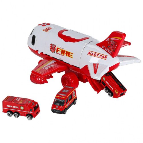 Legetøjsfly med brandvæsen – transporterfly + 3 biler og vejskilte