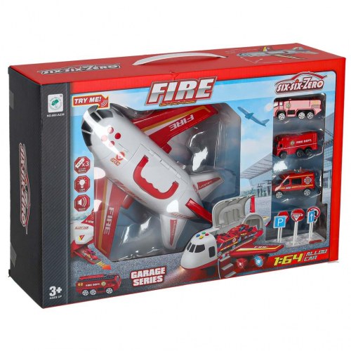 Legetøjsfly med brandvæsen – transporterfly + 3 biler og vejskilte