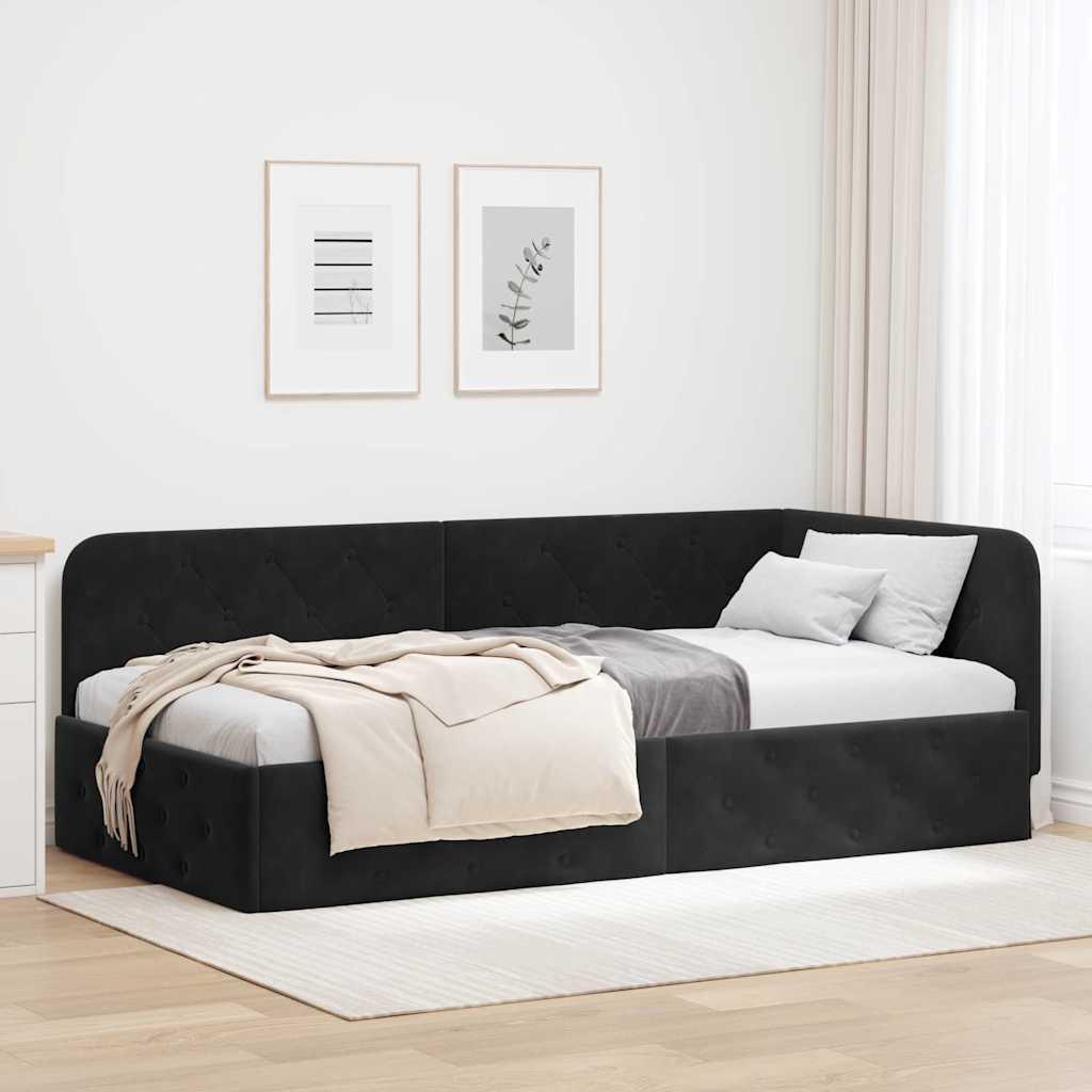 Hjørnesengramme i fløjl - sort 100 × 200 cm, L-formet daybed