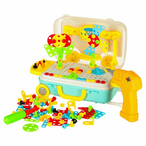 Byggelegetøj med skruer og boremaskine – 258 dele i kuffert