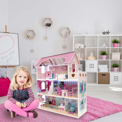Dukkehus i træ med møbler 70 cm – pink med LED