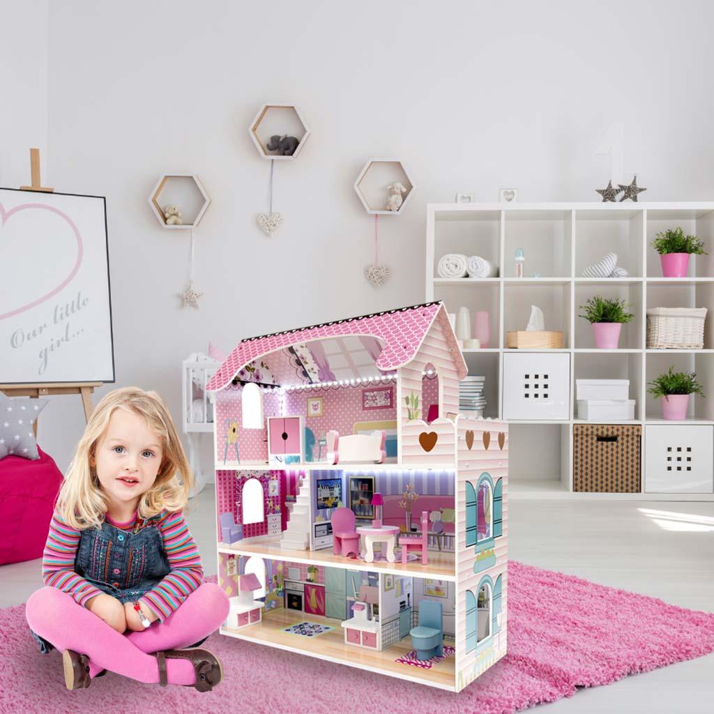 Dukkehus i træ med møbler 70 cm – pink med LED