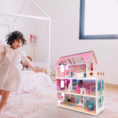 Dukkehus i træ med møbler 70 cm – pink med LED