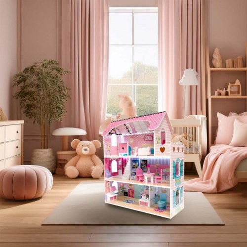 Dukkehus i træ med møbler 70 cm – pink med LED