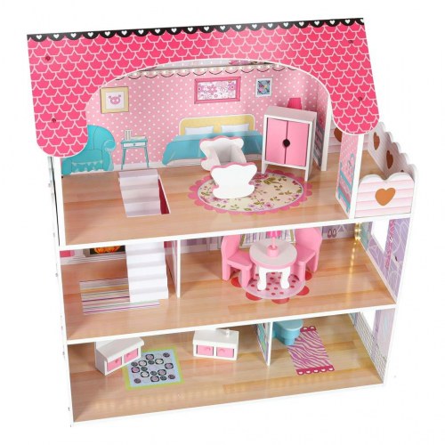 Dukkehus i træ med møbler 70 cm – pink med LED