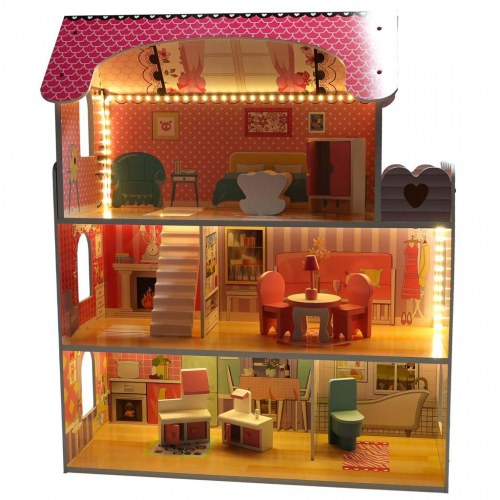 Dukkehus i træ med møbler 70 cm – pink med LED