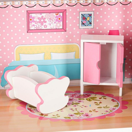 Dukkehus i træ med møbler 70 cm – pink med LED