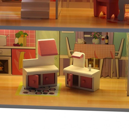 Dukkehus i træ med møbler 70 cm – pink med LED