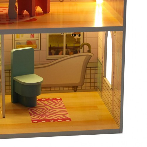 Dukkehus i træ med møbler 70 cm – pink med LED