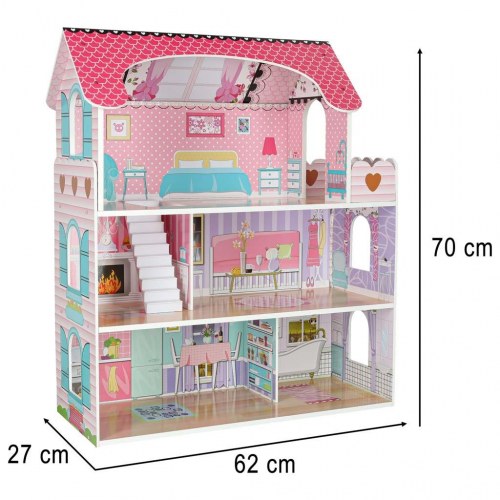 Dukkehus i træ med møbler 70 cm – pink med LED