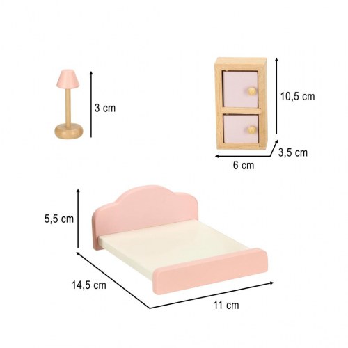 Dukkehus møbler i træ – stue, soveværelse, badeværelse og køkken, lyserød – 22 dele
