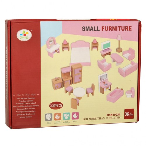 Dukkehus møbler i træ – stue, soveværelse, badeværelse og køkken, lyserød – 22 dele