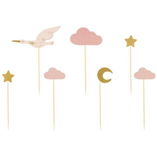 Cupcake pynt – Stork, skyer, måne og stjerner 11–12 cm (7 stk)