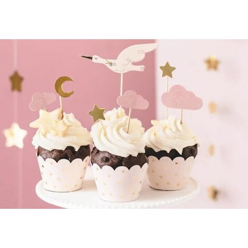 Cupcake pynt – Stork, skyer, måne og stjerner 11–12 cm (7 stk)