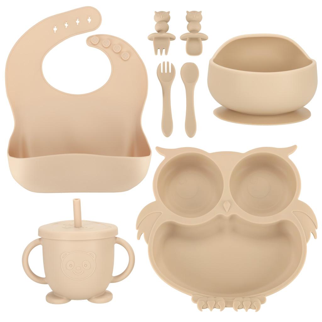 Babysæt i silikone - ugle, beige - 9 dele
