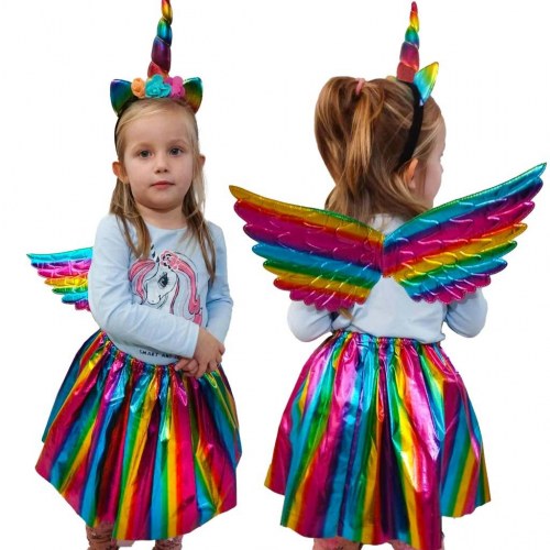 Børnekostume enhjørning - nederdel, vinger og pandebånd, multicolor