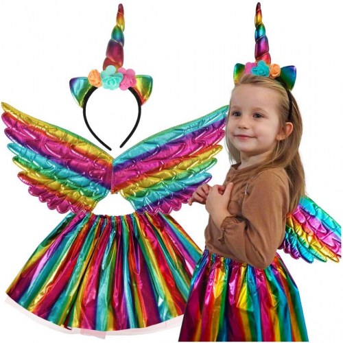 Børnekostume enhjørning - nederdel, vinger og pandebånd, multicolor