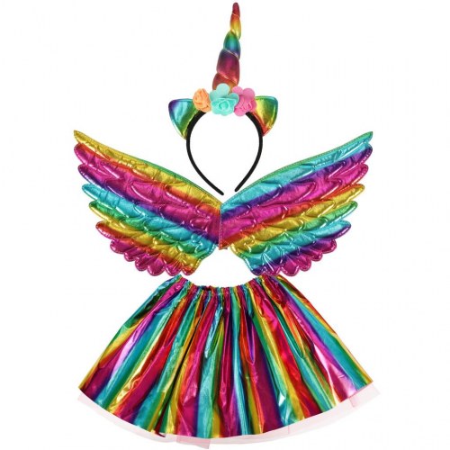 Børnekostume enhjørning - nederdel, vinger og pandebånd, multicolor