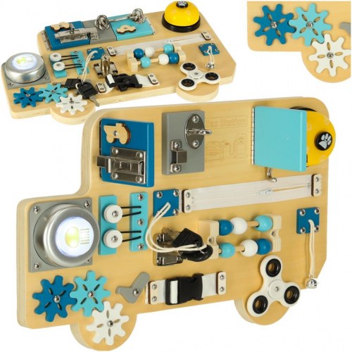 Aktivitetsboard i træ – LULILO Buso sanse- og motorikbus, 40 × 26,5 cm (blå)