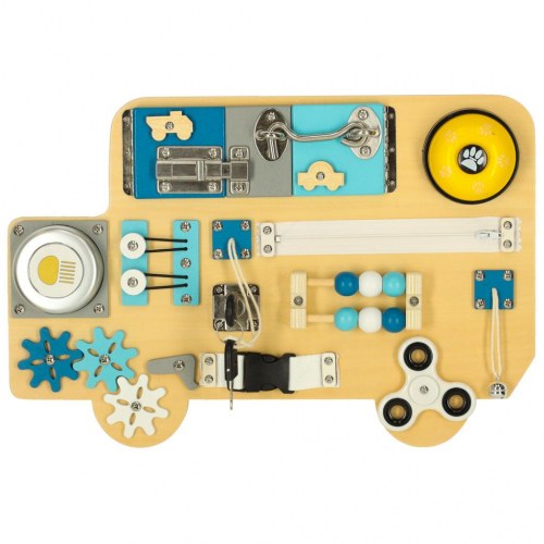 Aktivitetsboard i træ – LULILO Buso sanse- og motorikbus, 40 × 26,5 cm (blå)