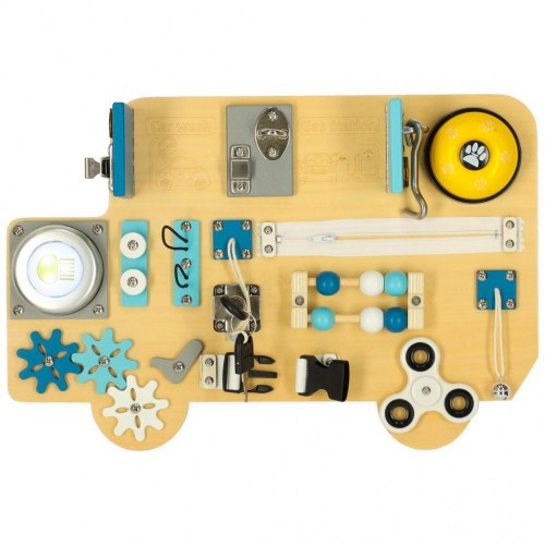 Aktivitetsboard i træ – LULILO Buso sanse- og motorikbus, 40 × 26,5 cm (blå)