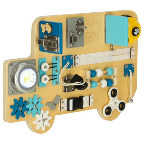 Aktivitetsboard i træ – LULILO Buso sanse- og motorikbus, 40 × 26,5 cm (blå)