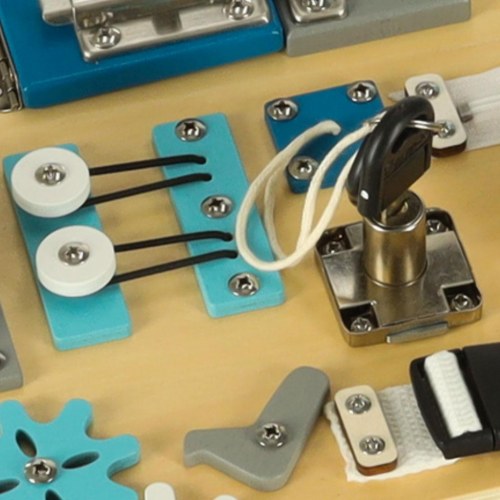 Aktivitetsboard i træ – LULILO Buso sanse- og motorikbus, 40 × 26,5 cm (blå)