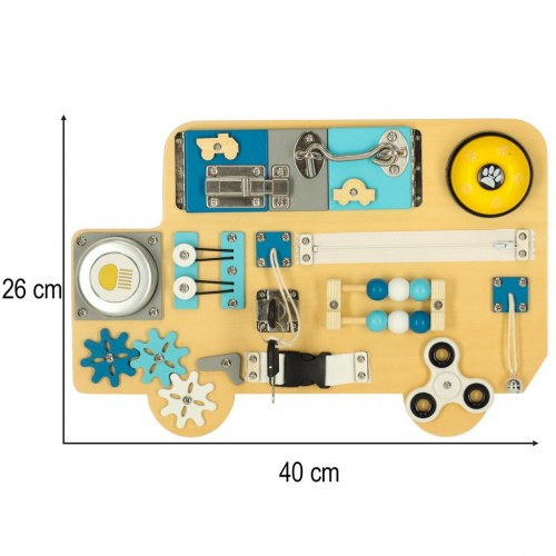 Aktivitetsboard i træ – LULILO Buso sanse- og motorikbus, 40 × 26,5 cm (blå)