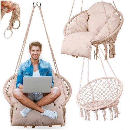 Hængestol storkerede med pude – XXL, ecru, Ø 80 cm