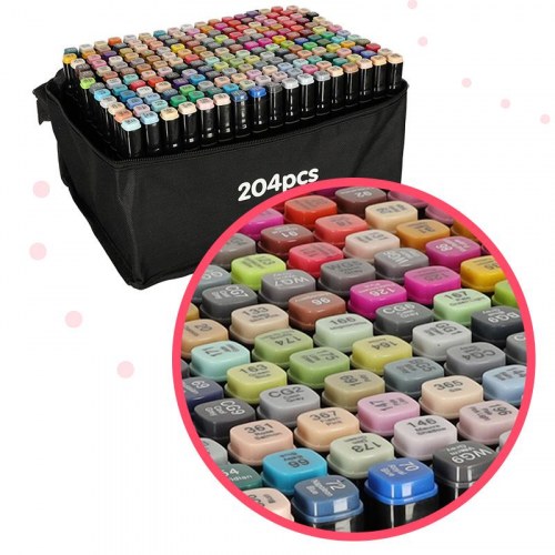 Dobbeltspids alkoholbaserede tuscher i etui 204 stk + stativ