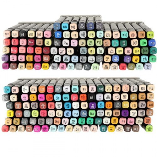 Dobbeltspids alkoholbaserede tuscher i etui 204 stk + stativ