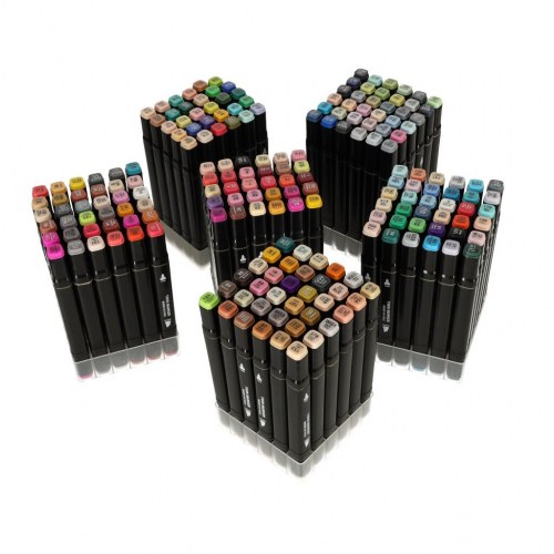 Dobbeltspids alkoholbaserede tuscher i etui 204 stk + stativ