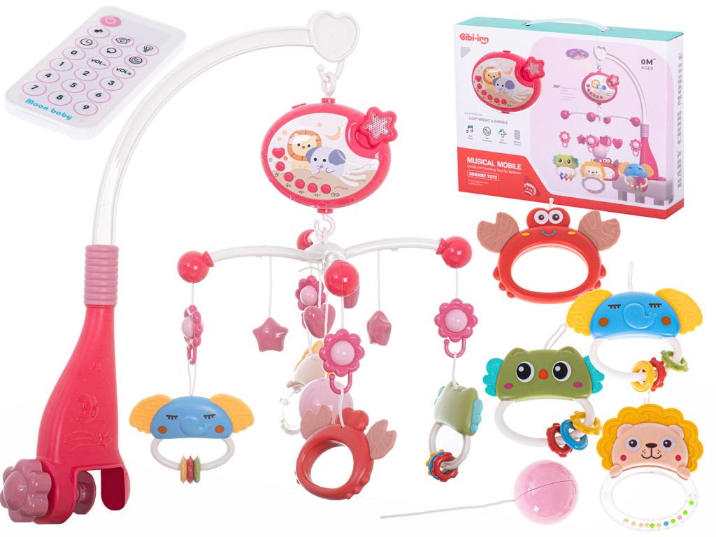 Babymobil med stjerneprojektor og vuggeviser - pink med fjernbetjening