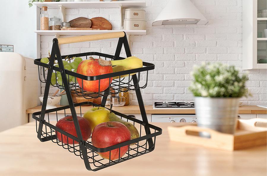 Frugtkurv i 2 etager  metal med træhåndtag (sort)