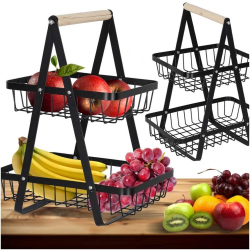 Frugtkurv i 2 etager – metal med træhåndtag (sort)