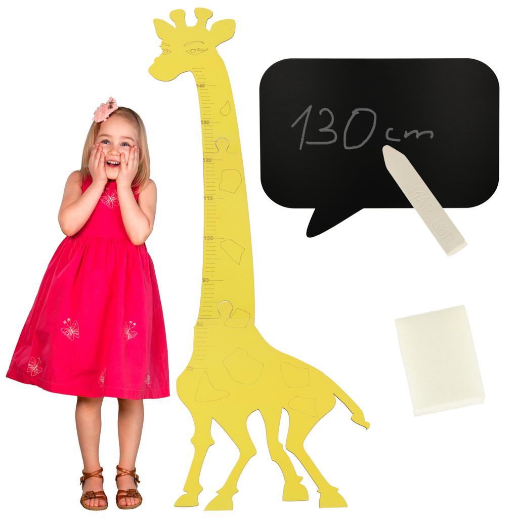 Højdemåler til børn i træ – giraf 125 cm, gul + kridttavle 32 × 44 cm