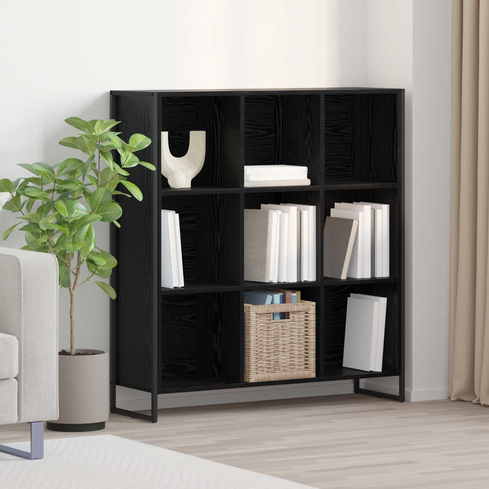 Bogskab i sort eg - reolsystem med 9 rum, 99,5 × 30 × 108,5 cm, konstrueret træ