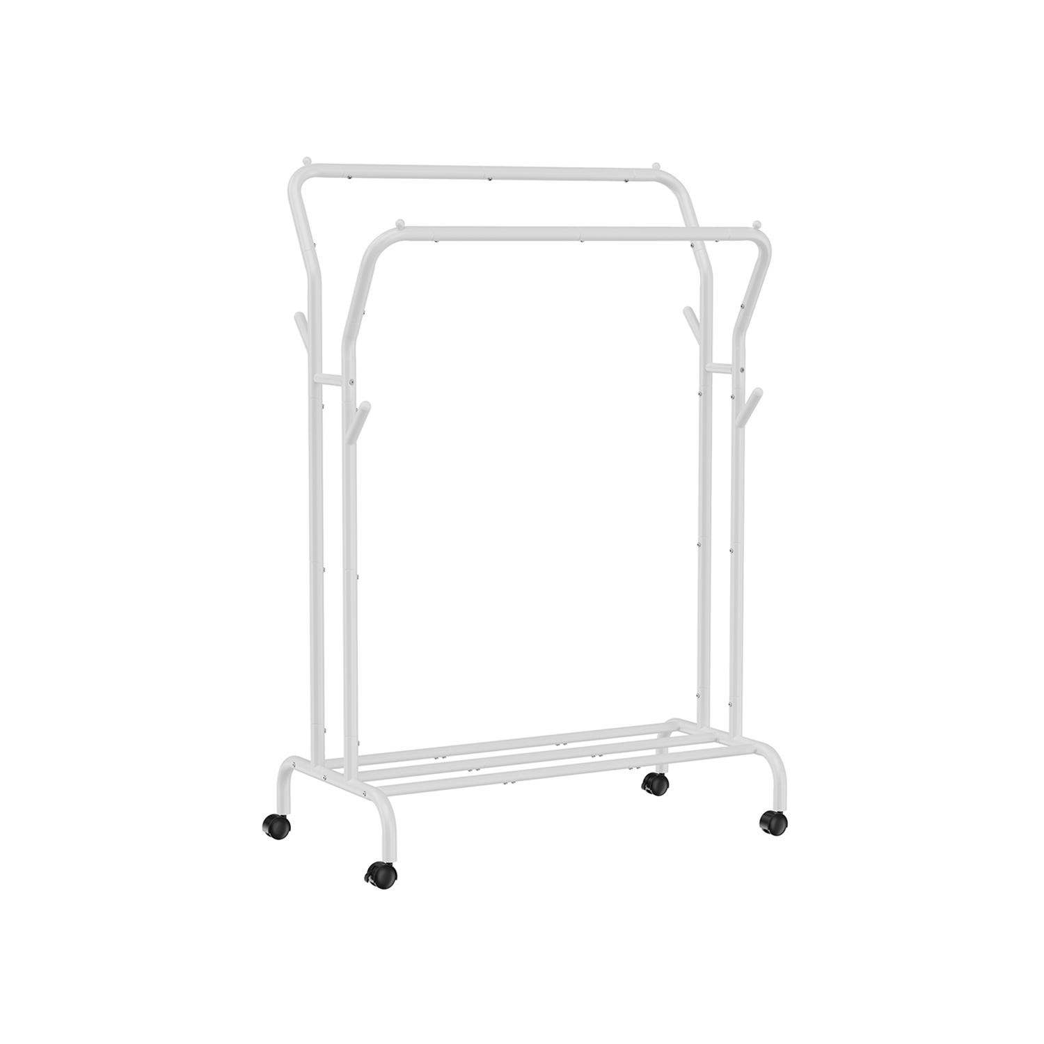 Tøjstativ med hjul dobbelt garderobestativ, kraftig metalramme, hylde, hvid, 103,5 cm bred, maks. 100 kg