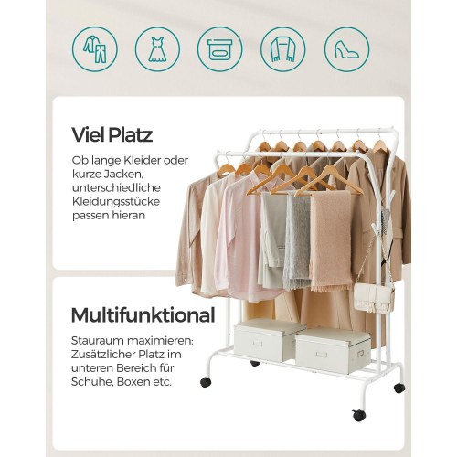 Tøjstativ med hjul dobbelt garderobestativ, kraftig metalramme, hylde, hvid, 103,5 cm bred, maks. 100 kg
