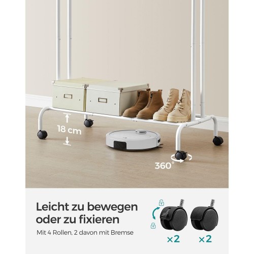 Tøjstativ med hjul dobbelt garderobestativ, kraftig metalramme, hylde, hvid, 103,5 cm bred, maks. 100 kg