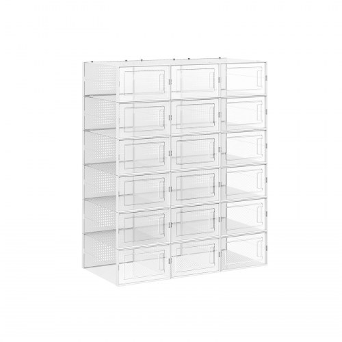 Opbevaringsbokse til sko 18 stk. stabelbare, gennemsigtige med frontlåge, sammenklappelige, passer op til UK str. 10,5 – hvid/transparent