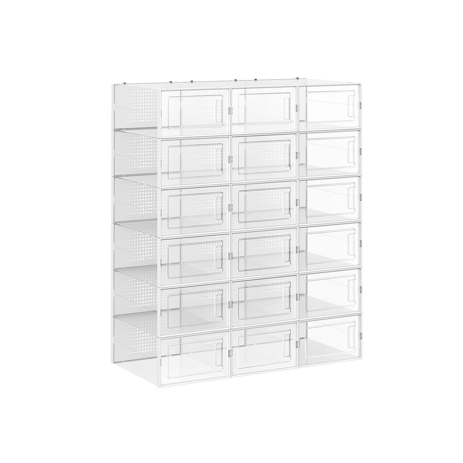 Opbevaringsbokse til sko 18 stk. stabelbare, gennemsigtige med frontlåge, sammenklappelige, passer op til UK str. 10,5 – hvid/transparent