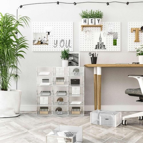 Opbevaringsbokse til sko 18 stk. stabelbare, gennemsigtige med frontlåge, sammenklappelige, passer op til UK str. 10,5 – hvid/transparent