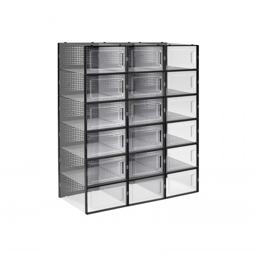 Skobokse stabelbare – SONGMICS, 18 stk., gennemsigtige med frontlåge, foldbare, passer op til UK str. 10,5, sort/transparent