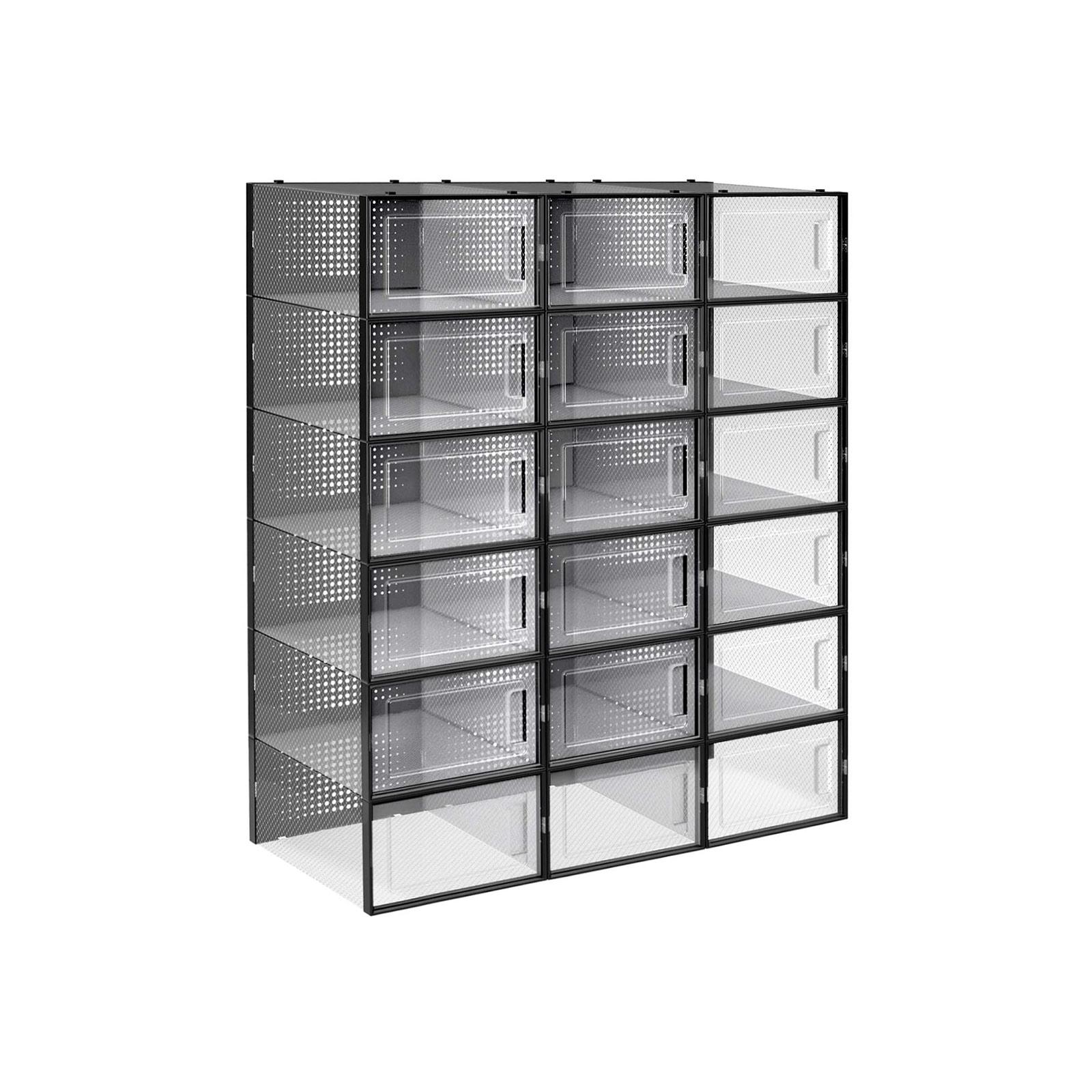 Skobokse stabelbare – SONGMICS, 18 stk., gennemsigtige med frontlåge, foldbare, passer op til UK str. 10,5, sort/transparent