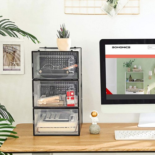 Skobokse stabelbare – SONGMICS, 18 stk., gennemsigtige med frontlåge, foldbare, passer op til UK str. 10,5, sort/transparent